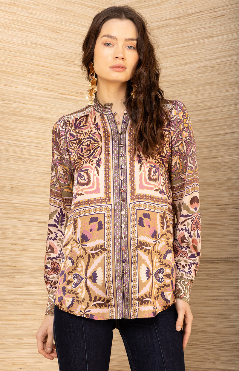 Etta Beaded Silk Top, color-Pink