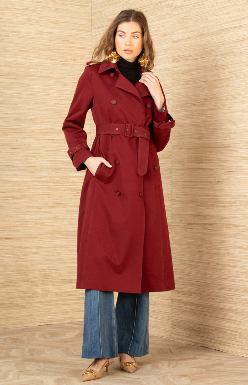 Paola Twill Trench-Coat, color-Wine