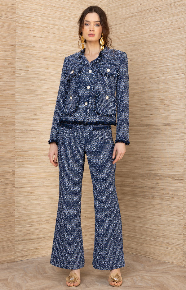Dalia Bouble Tweed Pant, color-Navy