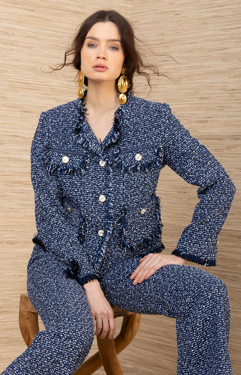 Dalia Bouble Tweed Pant, color-Navy