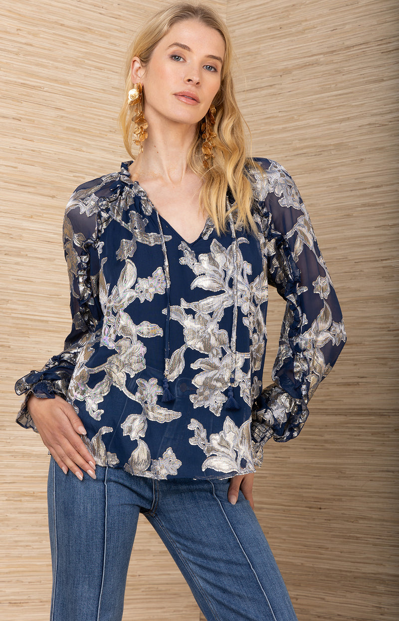 Robin Lurex Chiffon Top, color-Navy