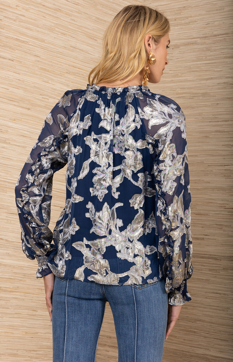 Robin Lurex Chiffon Top, color-Navy