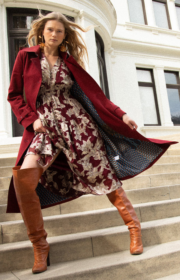 Raquel Silk Dress, color-Wine