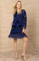 Deborah Velvet Burnout Dress, color-Navy