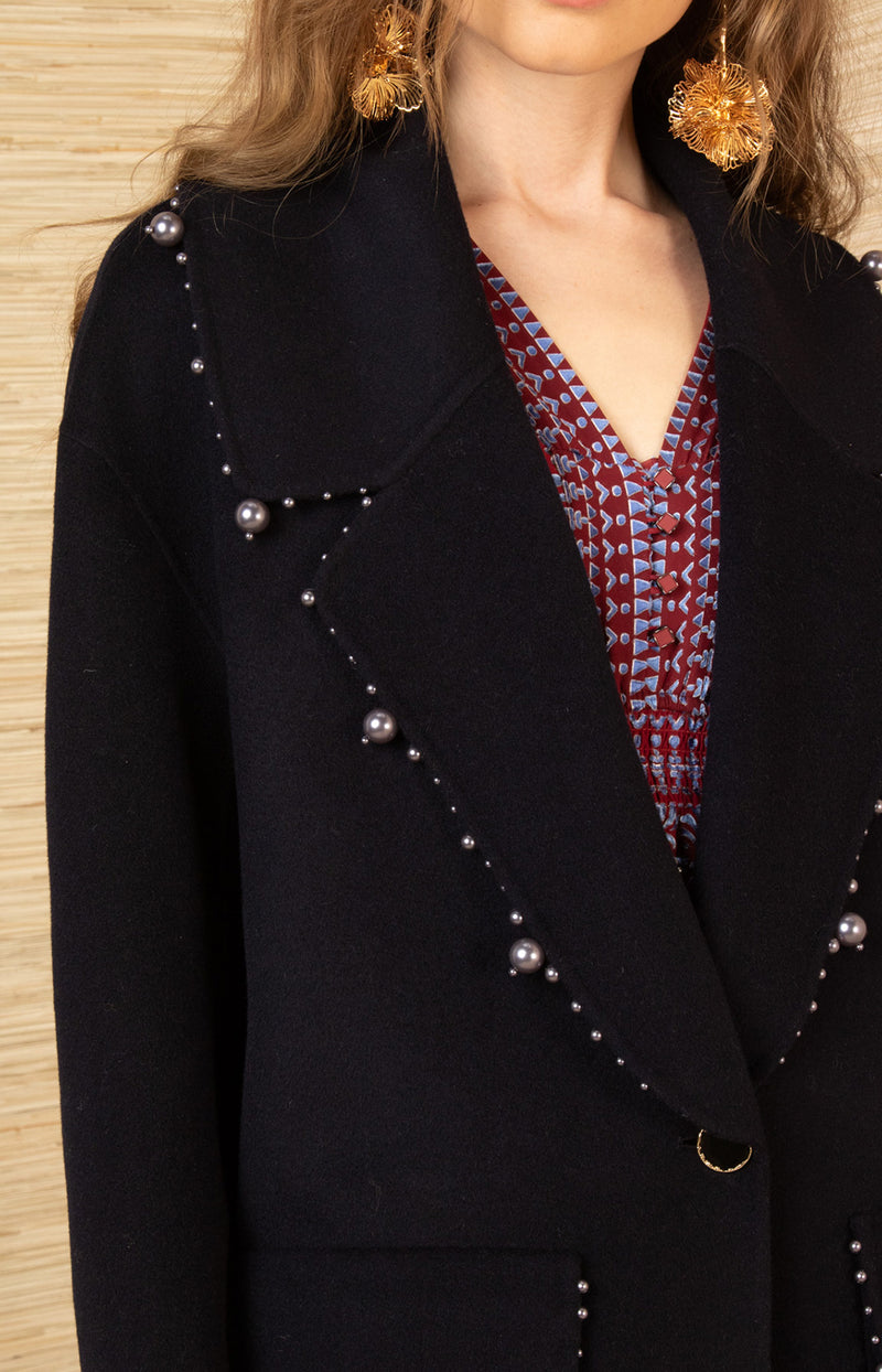 Landry Wool Beaded Coat, color-Black