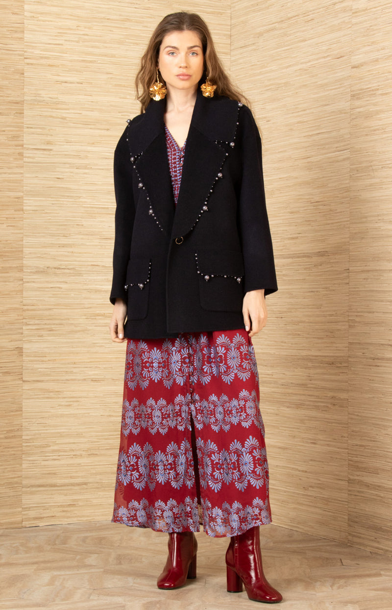 Landry Wool Beaded Coat, color-Black