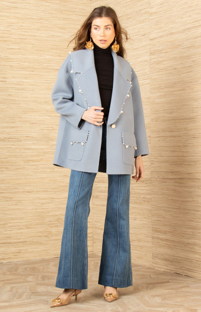 Landry Wool Beaded Coat, color-Blue
