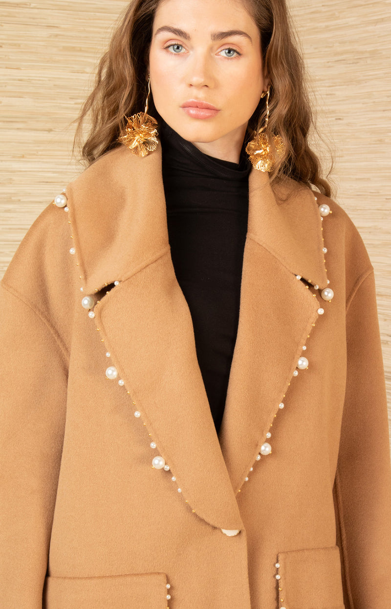 Landry Wool Beaded Coat, color-Camel