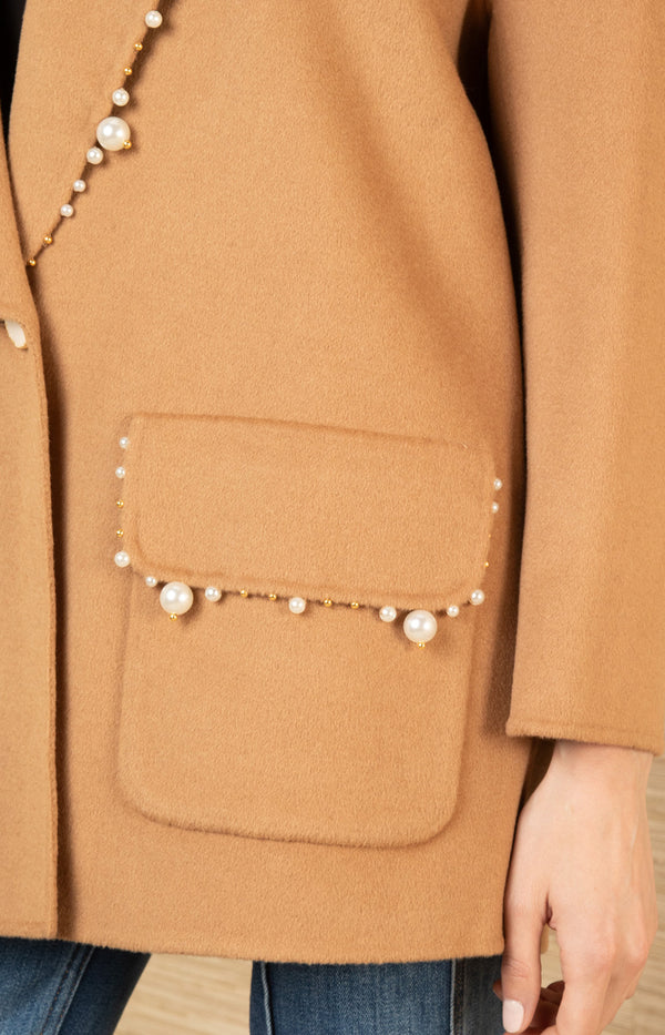 Landry Wool Beaded Coat, color-Camel