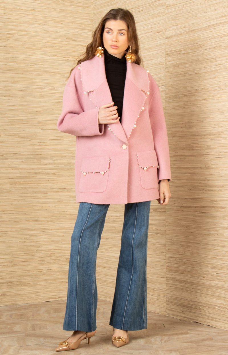 Landry Wool Beaded Coat, color-Pink
