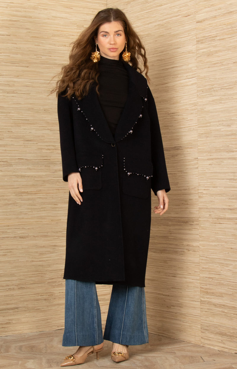 Braylee Wool Beaded Mid Coat, color-Black