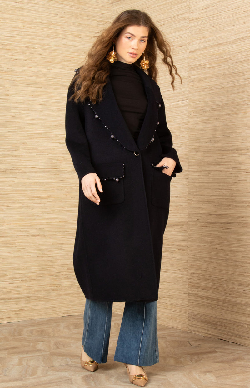 Braylee Wool Beaded Mid Coat, color-Black
