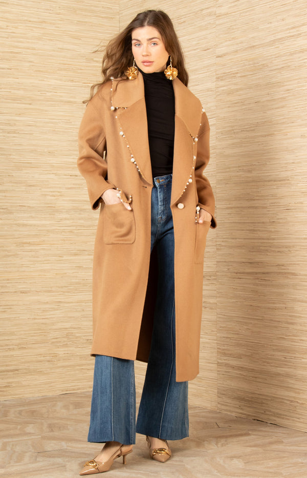 Braylee Wool Beaded Mid Coat, color-Black