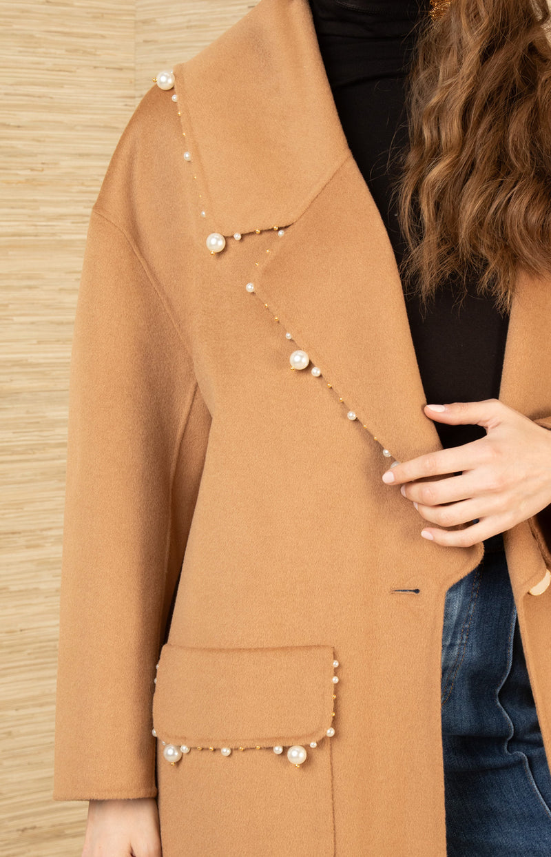 Braylee Wool Beaded Mid Coat, color-Black