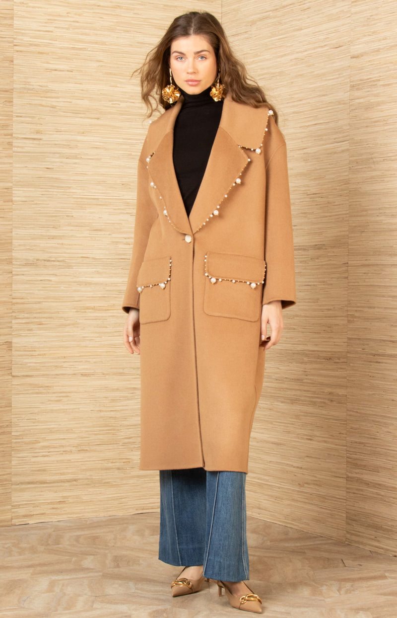 Braylee Wool Beaded Mid Coat, color-Black