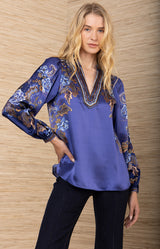 Brylee Silk Top, color-Navy