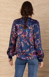 Haylee Silk Top, color-Navy