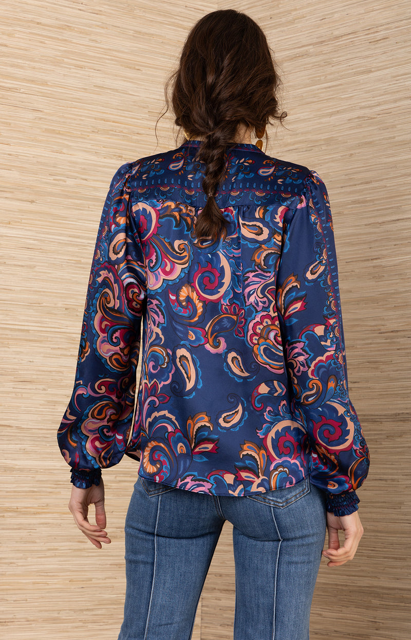 Haylee Silk Top, color-Navy