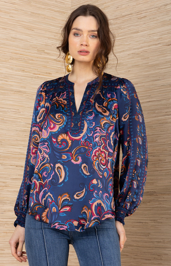 Haylee Silk Top, color-Navy