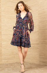 Nancy Silk Dress, color-Navy