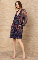 Nancy Silk Dress, color-Navy