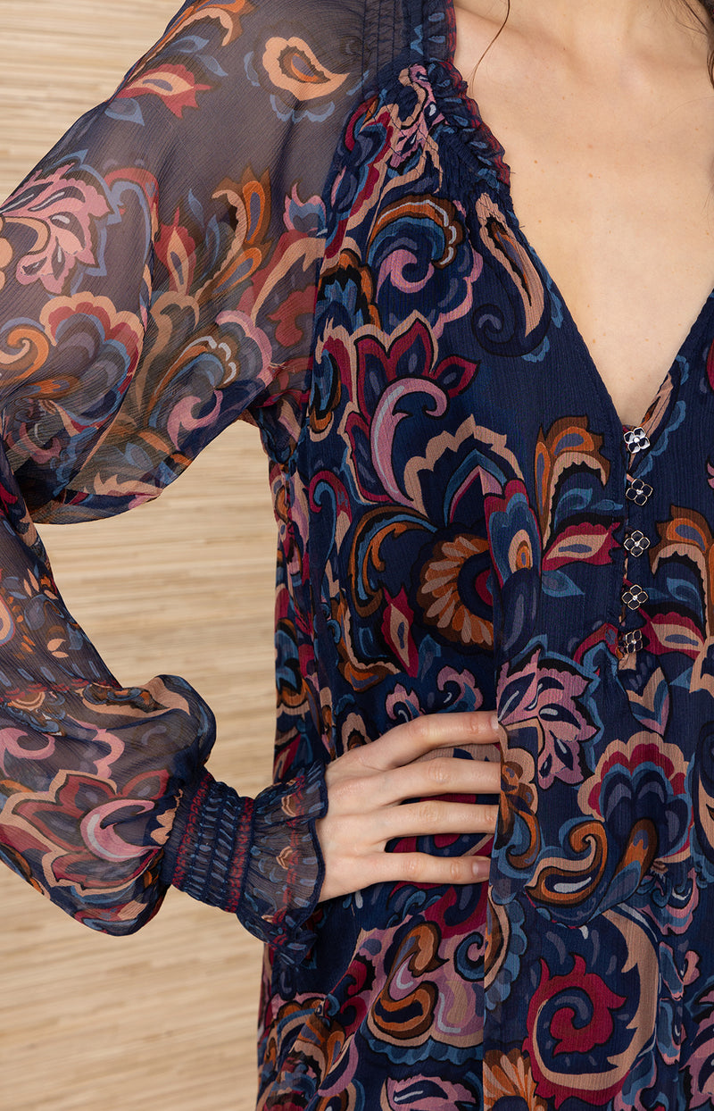 Nancy Silk Dress, color-Navy