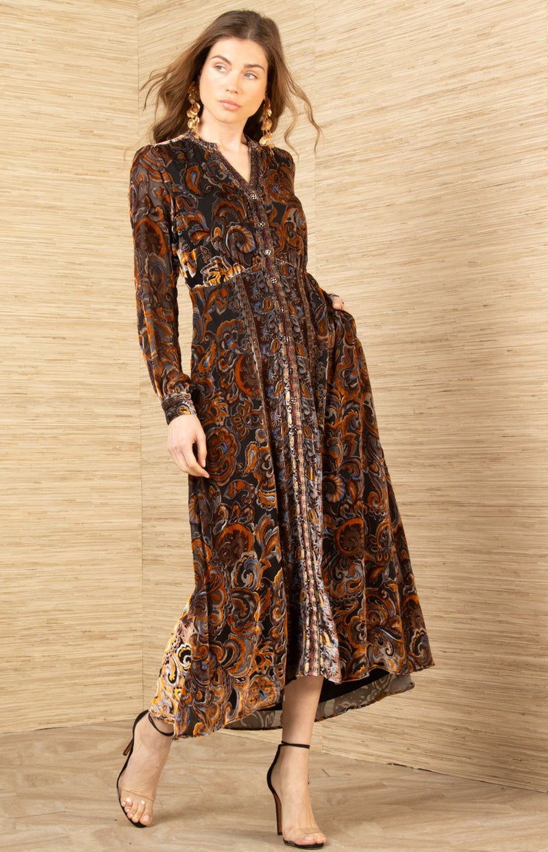 long sleeve floral velvet burnout midi dress in light navy Marchesa Rosa Velvet Burnout Midi Dress