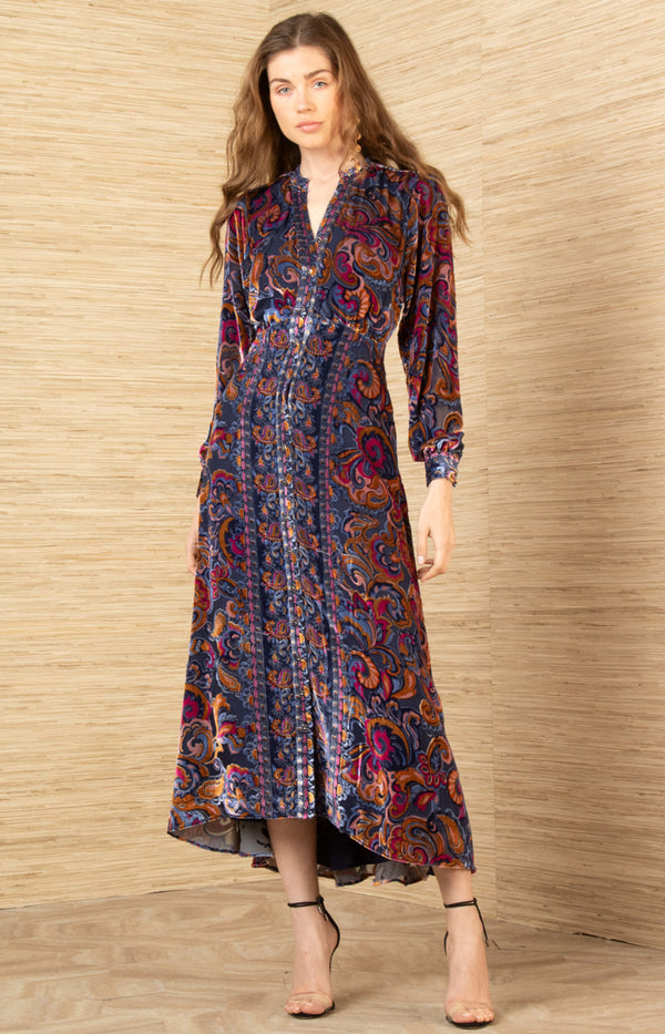 Clarissa Velvet Midi Dress, color-Navy