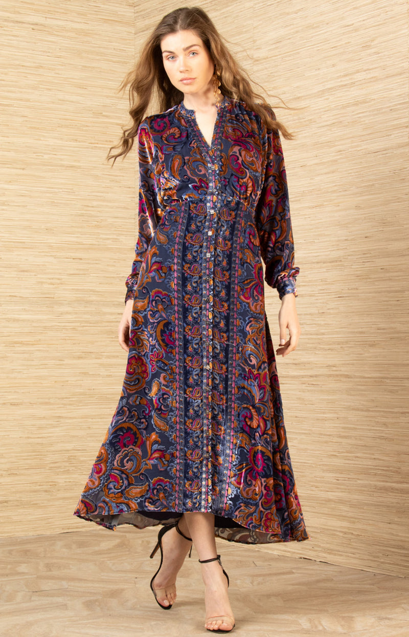 long sleeve floral velvet burnout midi dress in light navy Navy Burnout Velvet Odette Maxi Dress