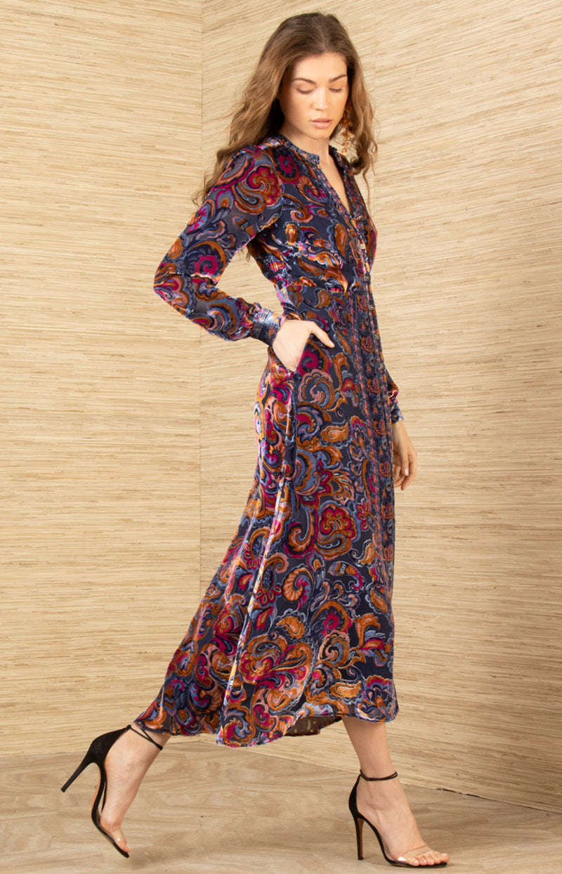 Clarissa Velvet Midi Dress, color-Navy