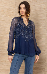 Rylan Silk Top, color-Navy