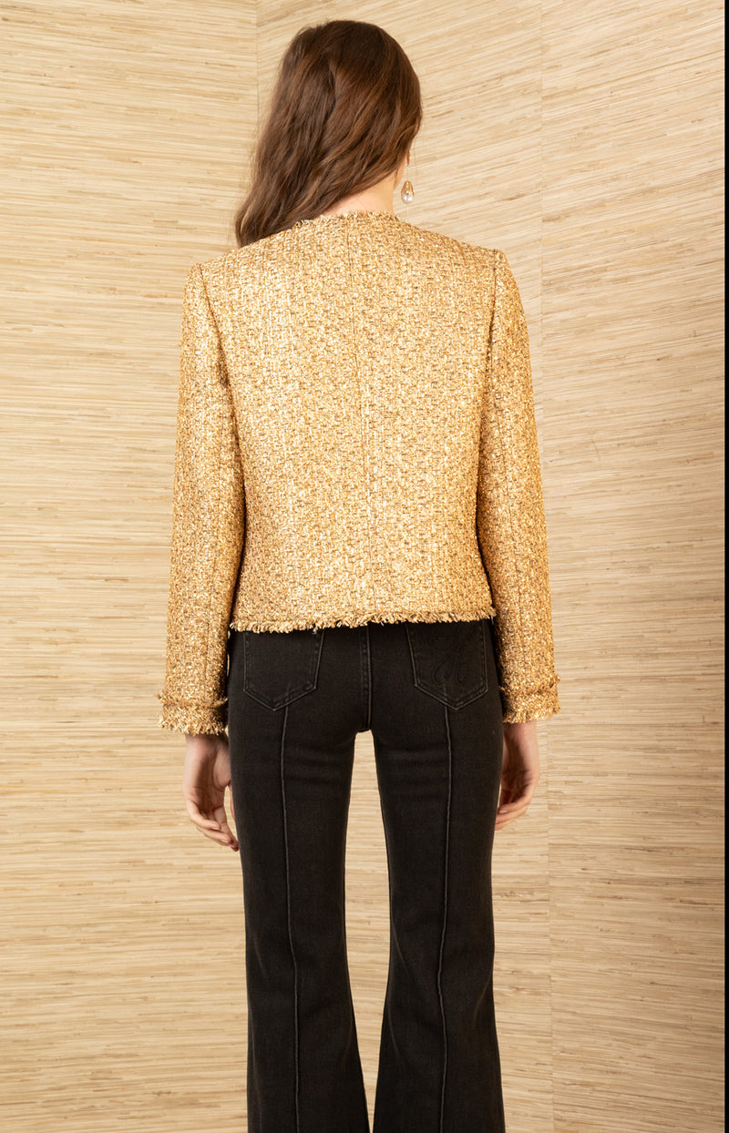 Magdalena Boucle Tweed Jacket, color-Gold