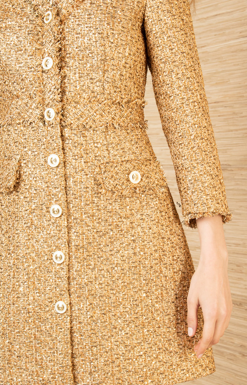 Elina Boucle Tweed Dress, color-Gold