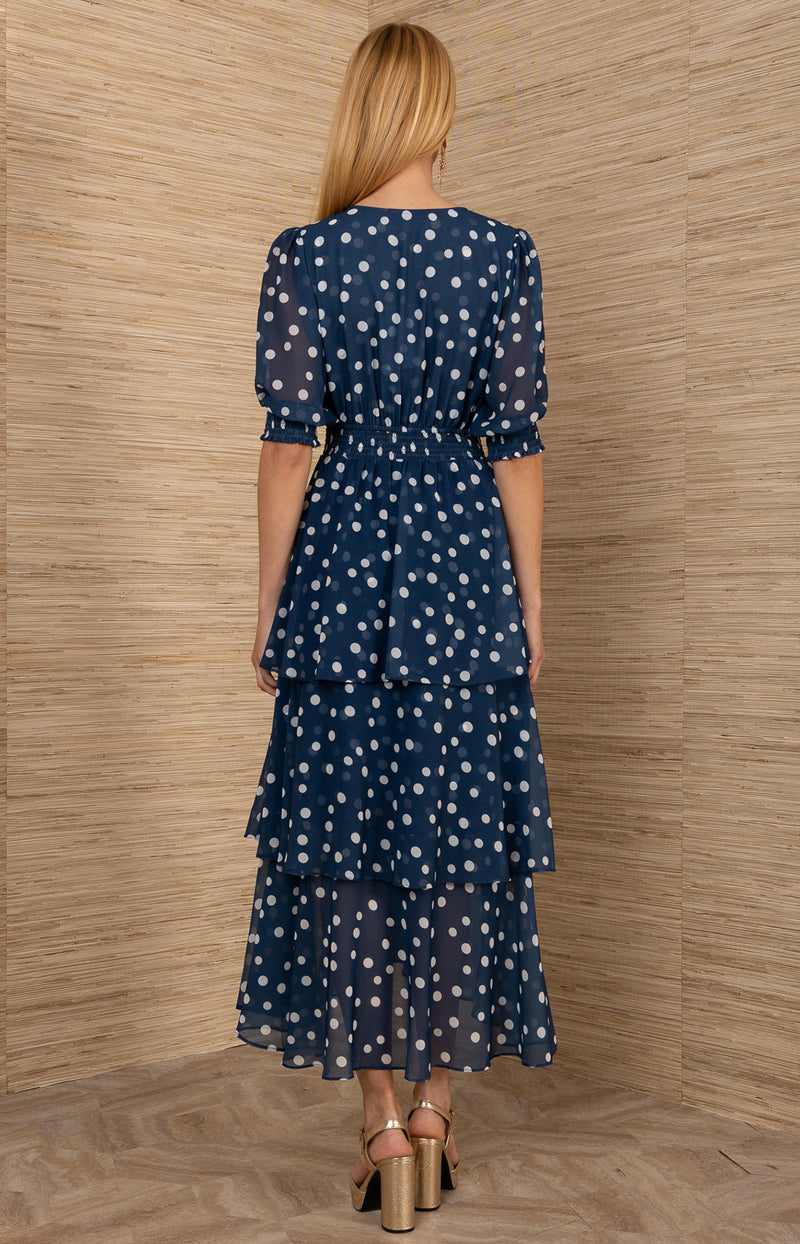 blue polka dot chiffon dress RIXO Abi Chiffon Midi Mini Navy Polka Dot