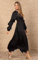 Kamilah Charmeuse Dress, color-Black
