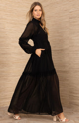 Meghan Chiffon Solid Dress, color-Black