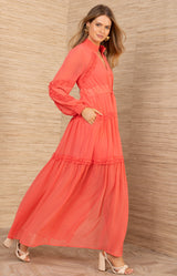 Meghan Chiffon Solid Dress, color-Coral