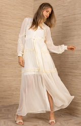 Meghan Chiffon Solid Dress, color-Ivory