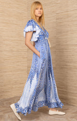 Sandra Charmeuse Dress, color-Blue