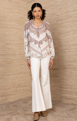 Elouise Silk Coton Top, color-Ivory