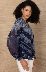 Elouise Silk Coton Top, color-Navy