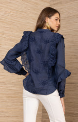 Eulalia Linen Top, color-Navy