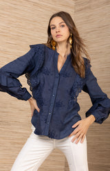 Eulalia Linen Top, color-Navy