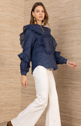 Eulalia Linen Top, color-Navy
