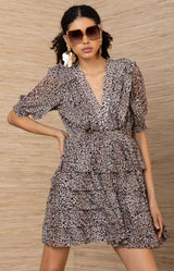 Blanche Chiffon Dress, color-Brown