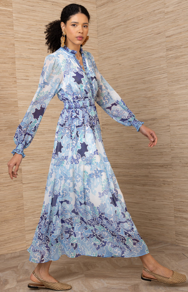 chiffon maxi long sleeve dress Floral Printed Chiffon Long Sleeve Gown 2 / Sky Blue/Multi