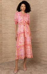 Bess Linen Dress, color-Coral