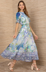 Cyrilla Linen Organza Maxi Dress, color-Blue