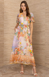 Cyrilla Linen Organza Maxi Dress, color-Gold