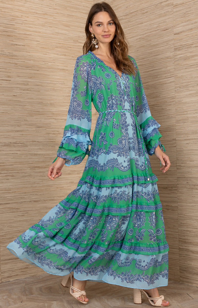 maxi chiffon long sleeve dress Nuichan women's modest dress, in fabric Sky Blue Multi Hydrangea Printed Chiffon Detached slip lining Hidden center Modest Orange Chiffon Long Sleeve